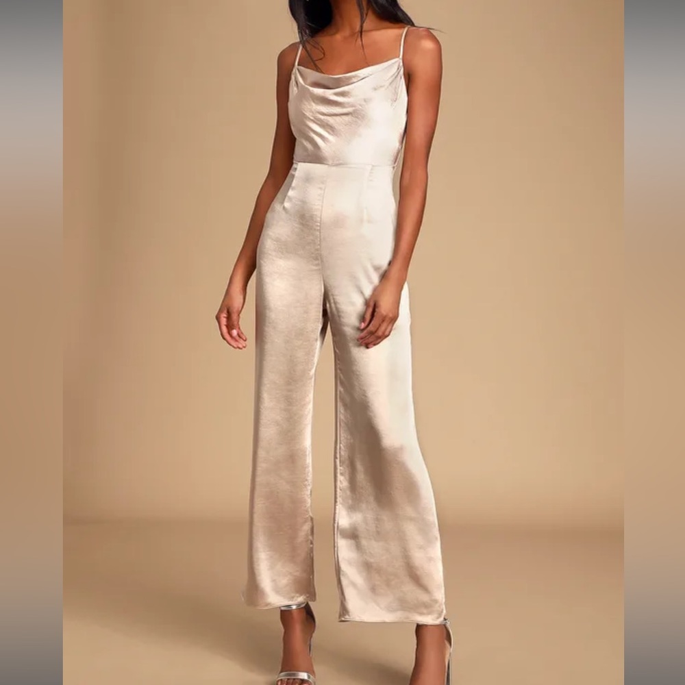 Lush Perfect Night Champagne Satin Cowl Neck Culotte Jumpsuit